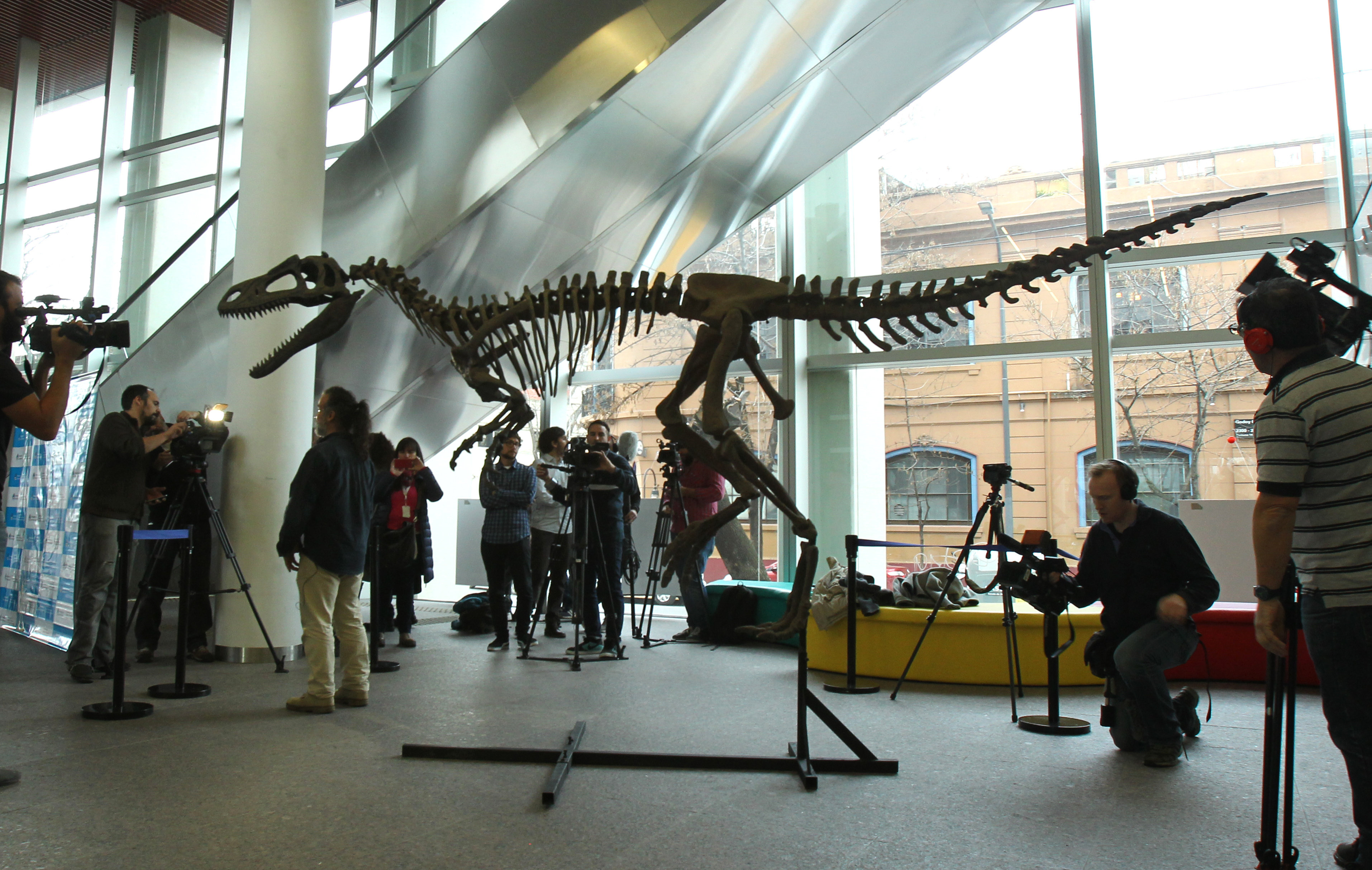 BAS001. BUENOS AIRES (ARGENTINA), 13/07/2016.- Vista de hoy, 13 de julio de 2016, de la presentación de Gualicho shinyae, un insólito dinosaurio carnívoro que habitó en la Patagonia Argentina durante el periodo Cretácico Superior, en un evento realizado en Buenos Aires. Gualicho, un ejemplar fósil de un insólito dinosaurio carnívoro procedente de la Patagonia argentina, fue presentado después de un accidentado periplo en el que el esqueleto, hallado en 2007, incluso llegó a desaparecer tras volcar un camión que llevaba a los paleontólogos. EFE/Alberto Ortiz