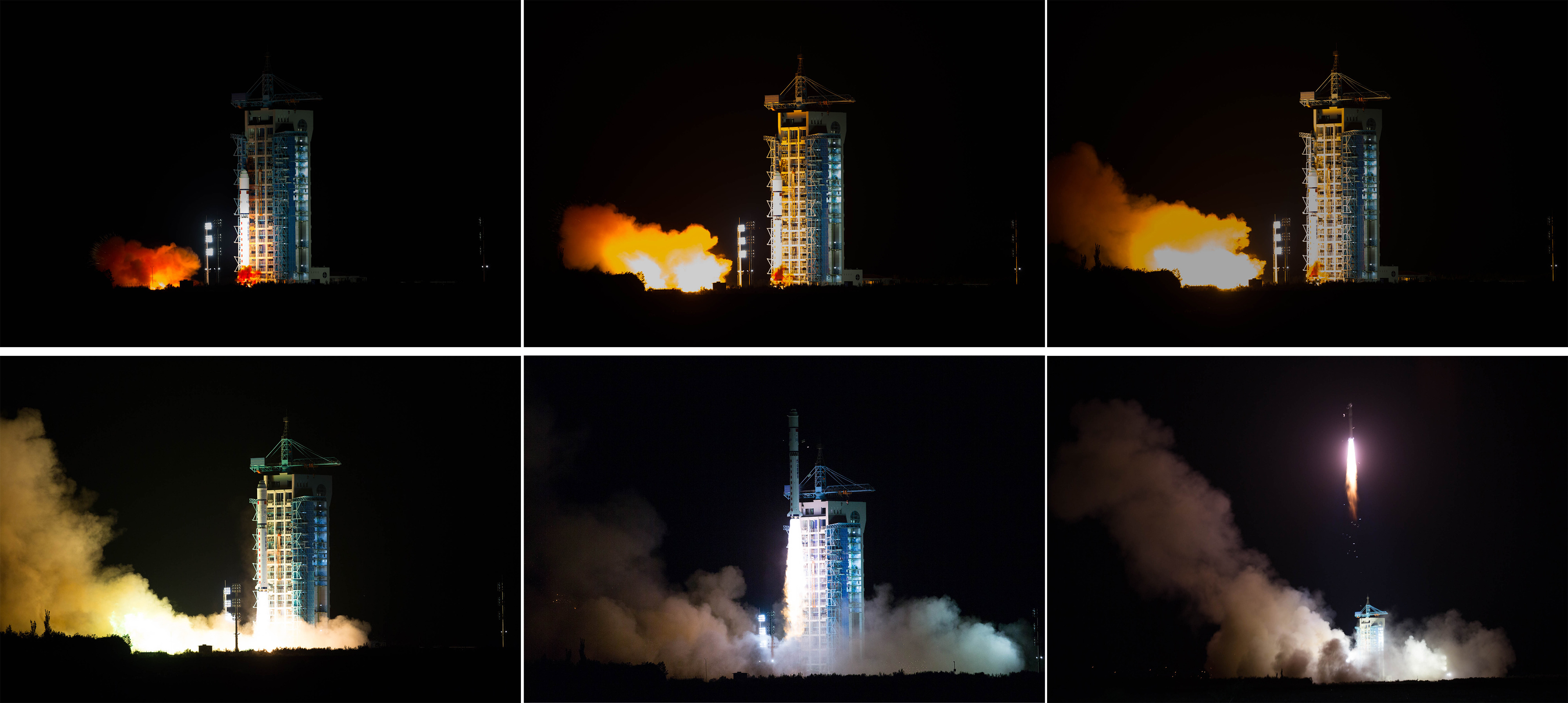 (160816) -- GANSU, agosto 16, 2016 (Xinhua) -- Imagen combinada del lanzamiento del primer satélite de comunicación cuántica del mundo sobre un cohete Gran Marcha-2D desde el Centro de Lanzamiento de Satélites de Jiuquan, en Jiuquan, en la provincia de Gansu, en el noroeste de China, el 16 de agosto de 2016. China lanzó con éxito el primer satélite de comunicación cuántica con un cohete Gran Marcha 2D desde el Centro de Lanzamiento de Satélites de Jiuquan en el desierto de Gobi, en el noroeste de China, a las 01:40 del martes. (Xinhua/Jin Liwang) (rtg) (vf)