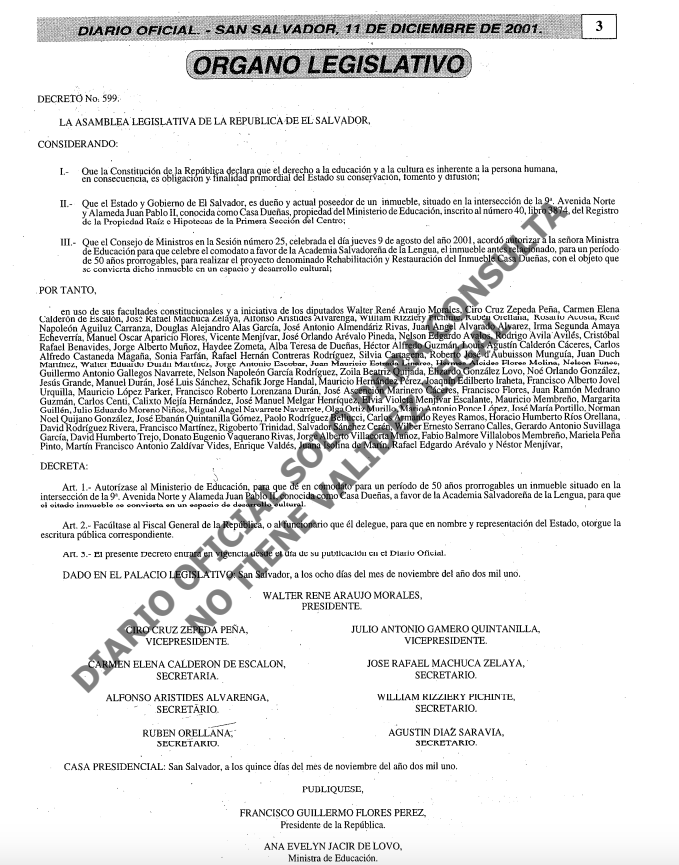 Decreto legislativo de comodato de la Casa Dueñas aprobado en 2001.