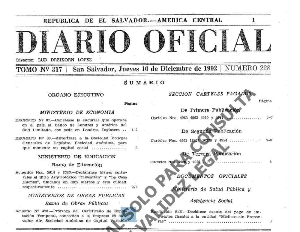 Portada del Diario Oficial del 10 de diciembre de 1992, en el cual fue publicado el acuerdo ejecutivo 8326 del Ministerio de Educación.