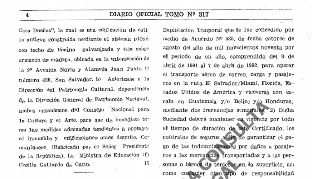 Página 1 del acuerdo ejecutivo mediante el cual se declaró bien cultural la Casa Dueñas.