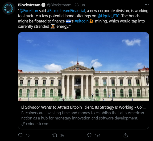 Blockstream dice que El Salvador analiza lanzar bonos públicos basados